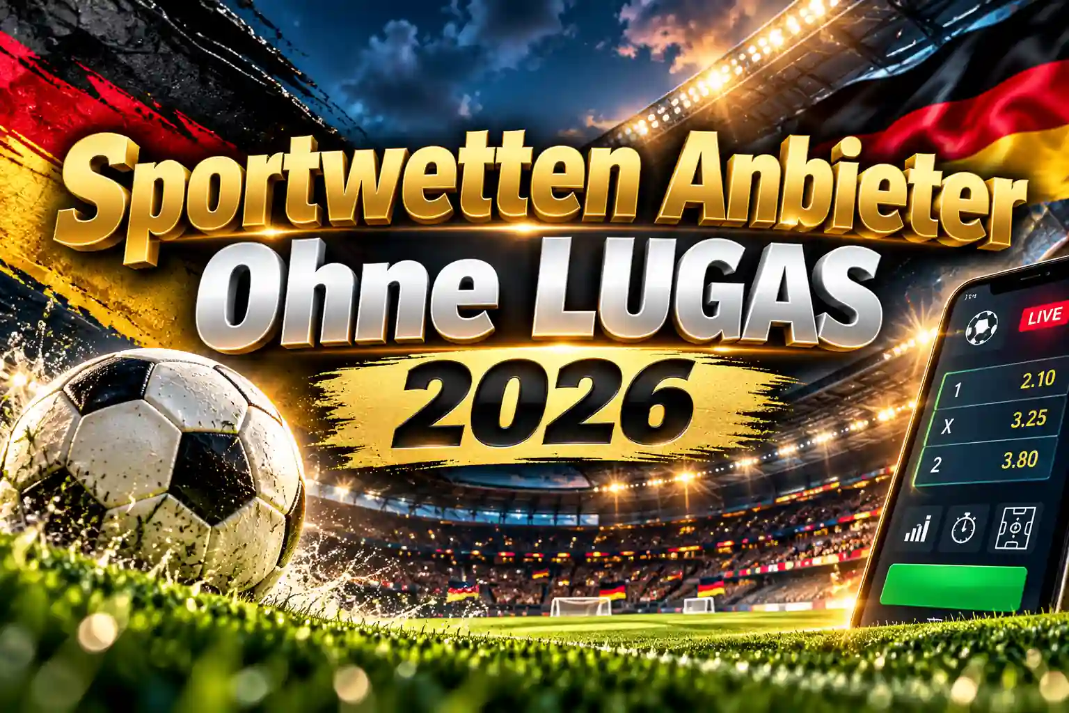 Sportwetten Anbieter ohne LUGAS 2026 – Fußballstadion mit goldener Schrift, Deutschlandflaggen und Sportwetten-Motiven
