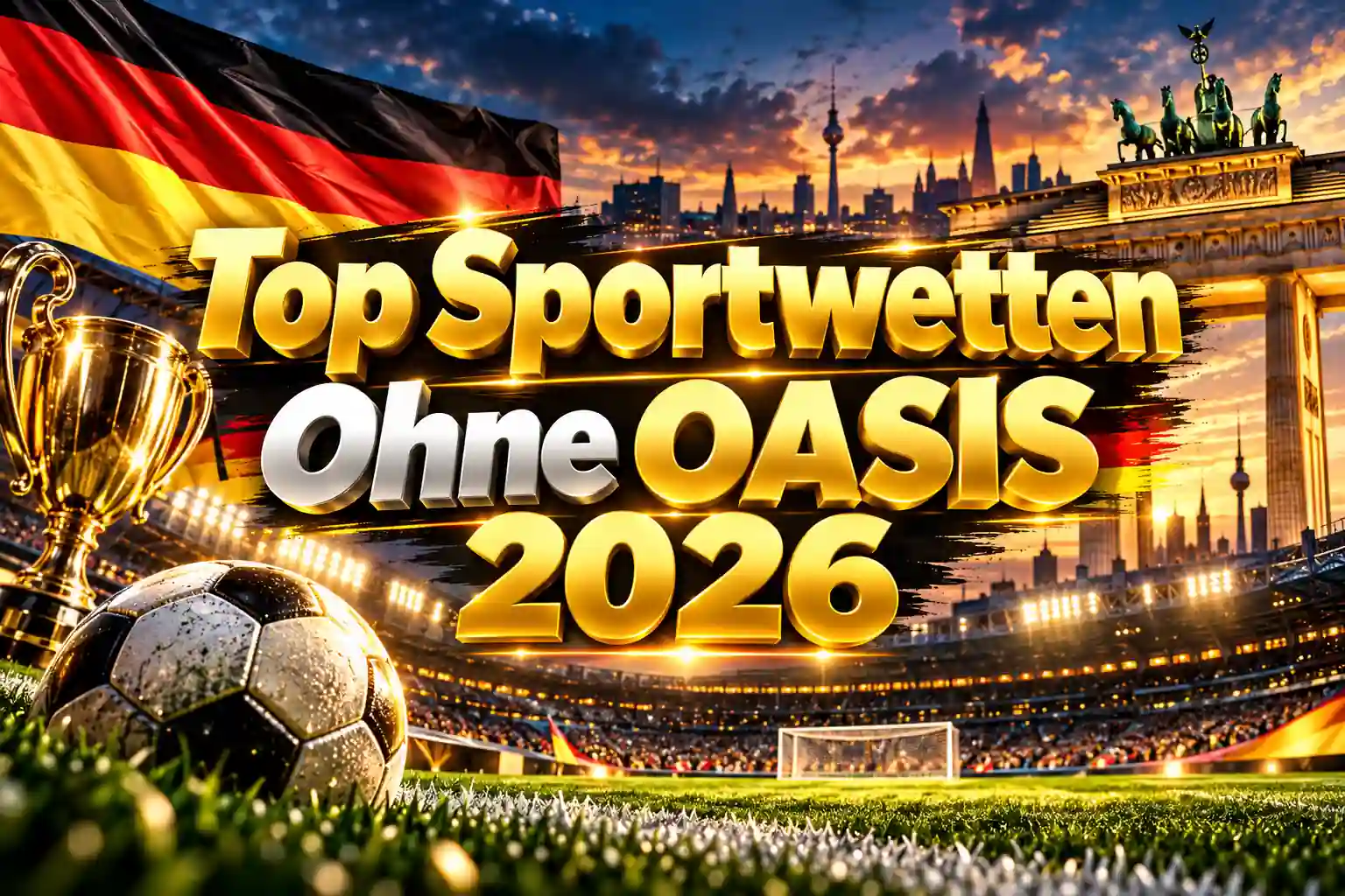 Top Sportwetten ohne OASIS 2026 – goldener Schriftzug vor einem Fußballstadion mit Pokal und deutscher Flagge