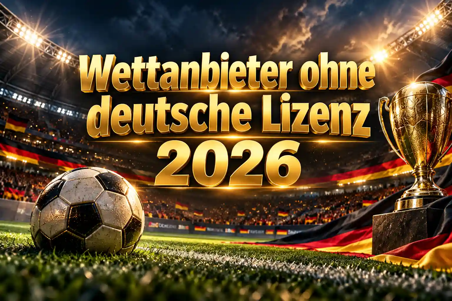 Wettanbieter ohne deutsche Lizenz 2026 – Sportwetten-Banner mit goldenem Schriftzug, Fußballstadion und Deutschlandflaggen